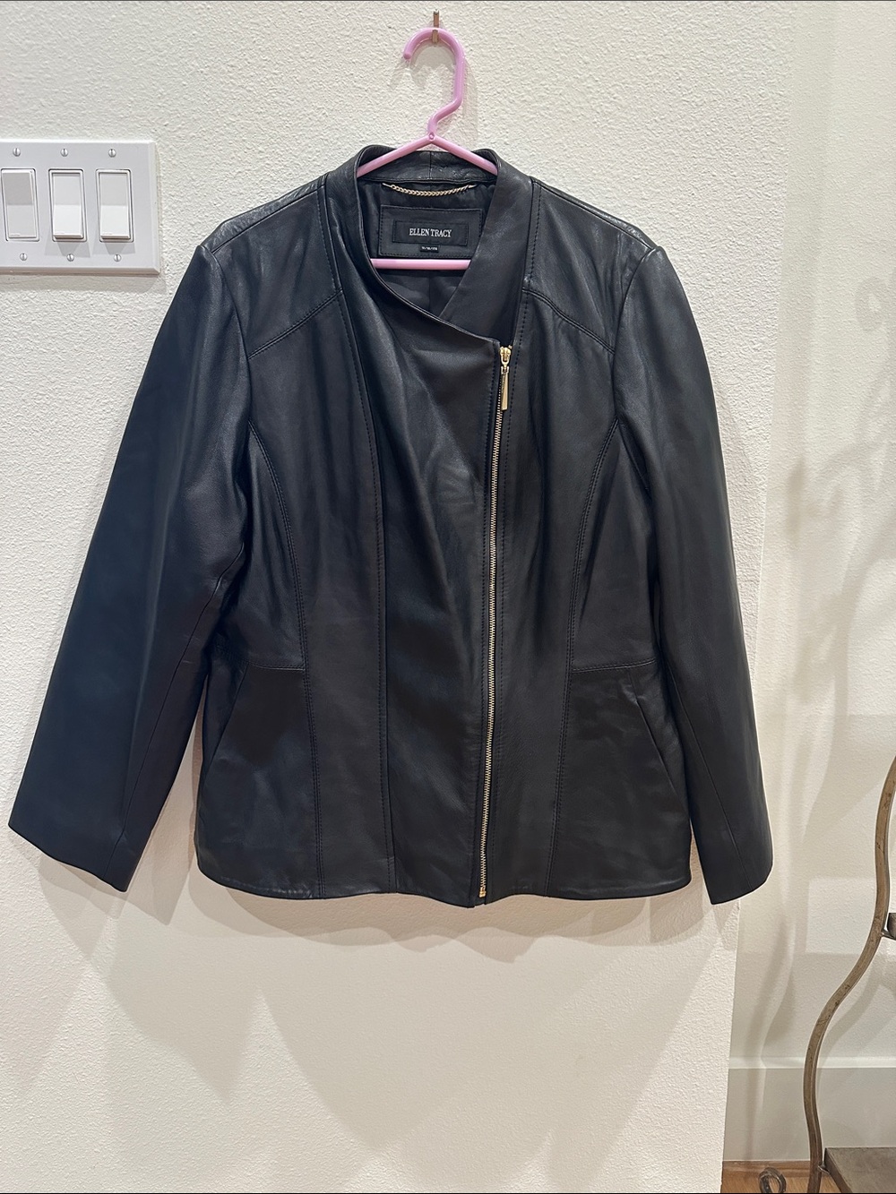 Ellen Tracy Black Leather Zip-Front Moto Jacket